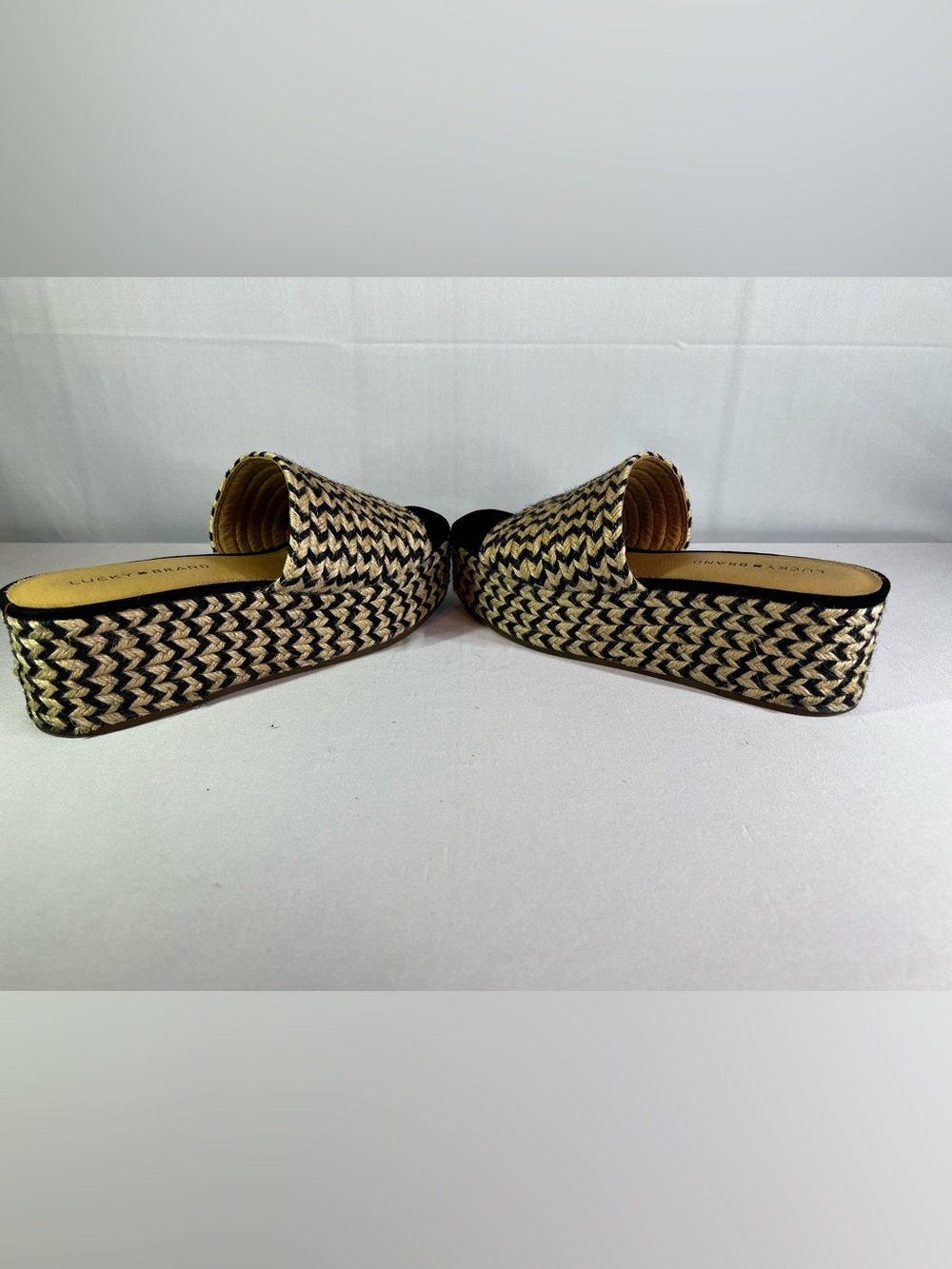 Lucky Brand Beffani Wedge Sandals Size 9 Black Cream Woven Jute Espadrille Boho - Picture 9 of 12